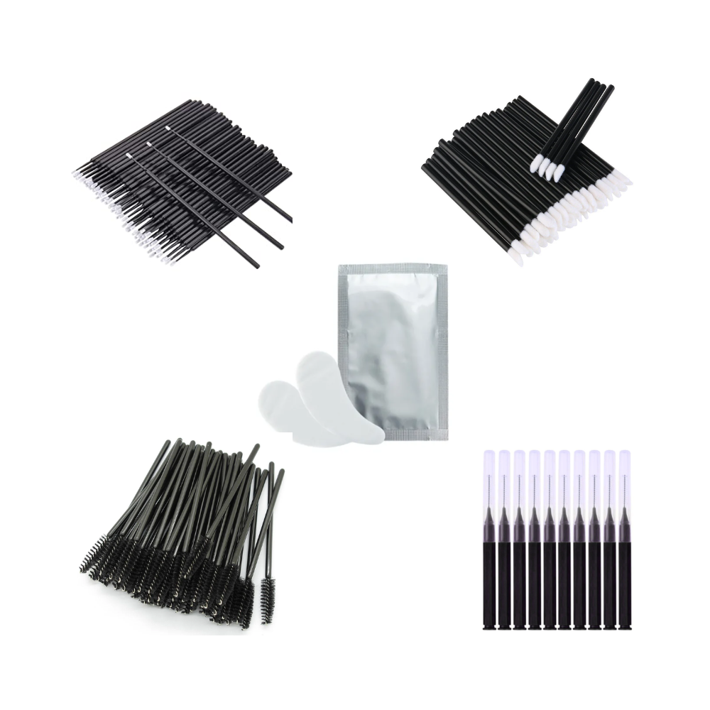 collection of disposable brushes and gel pads for lash lifts, brow laminations and lash and brow tinting.