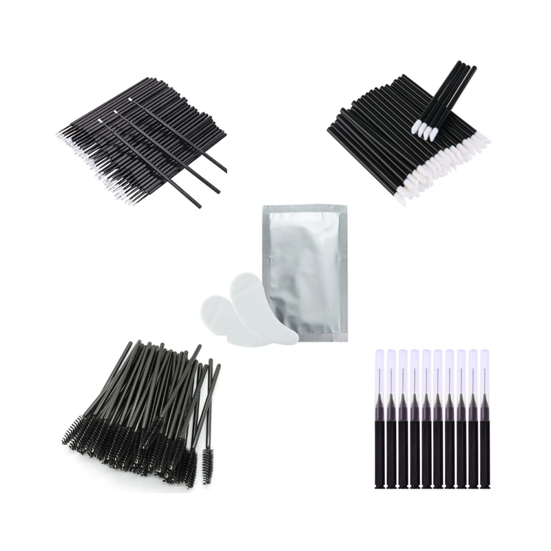 collection of disposable brushes and gel pads for lash lifts, brow laminations and lash and brow tinting.