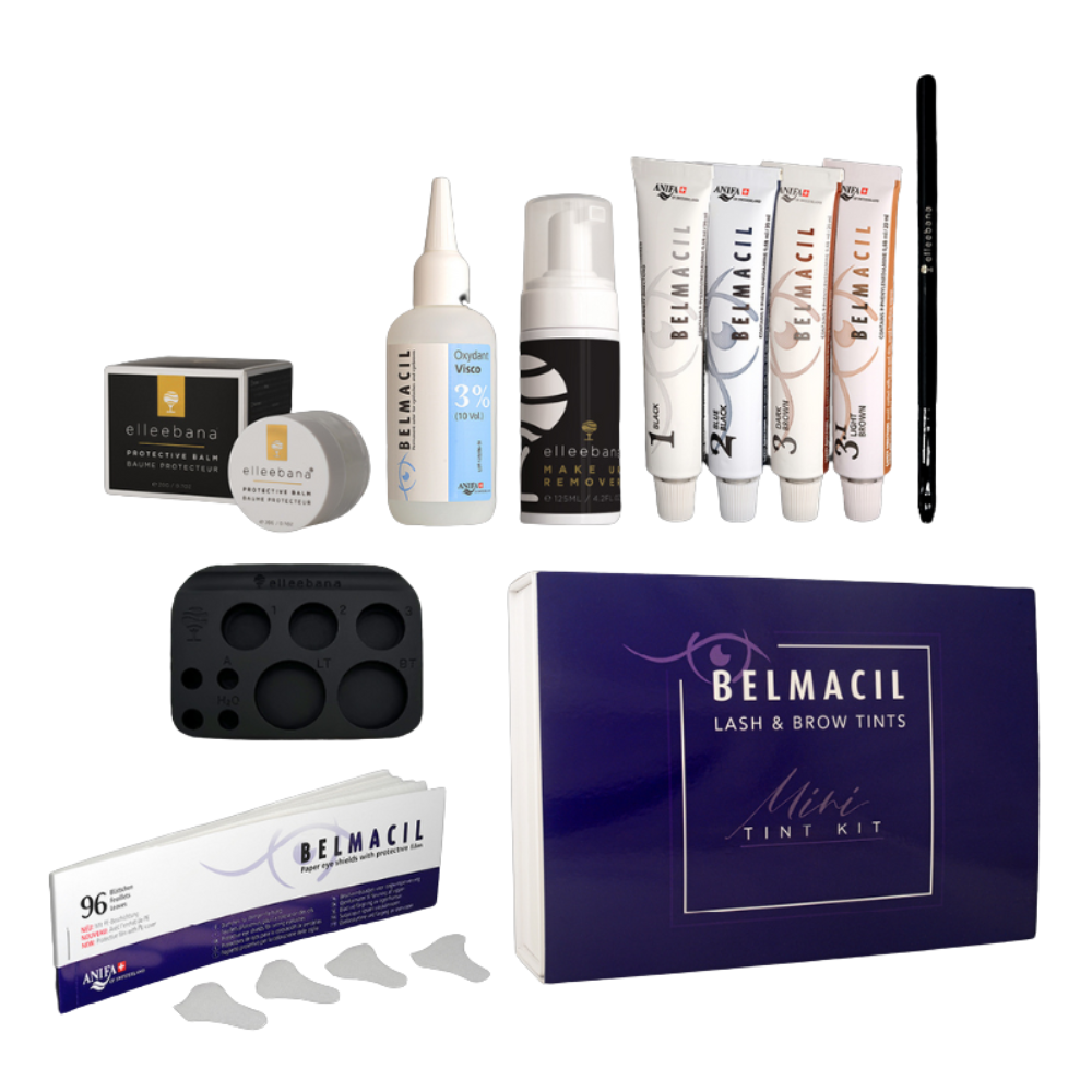 Belmacil mini tint kit that contains everything you need to add tinting to your service menu for lashes and brows