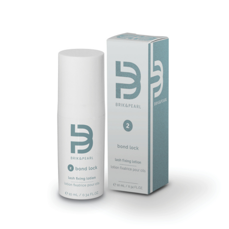 A white cylindrical bottle and matching rectangular box for BriK&Pearl Bond Lock lash fixing lotion, shown on a clean white background.