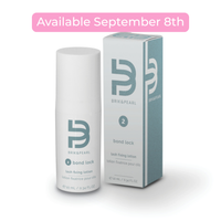 A white cylindrical bottle and matching white-and-light-blue box for Brik & Pearl Bond Lock lash fixing lotion, shown on a white background with a pink banner reading 'Available September 8th'.